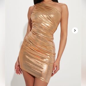 Fashion Nova Gold Ruched One Shoulder Dress